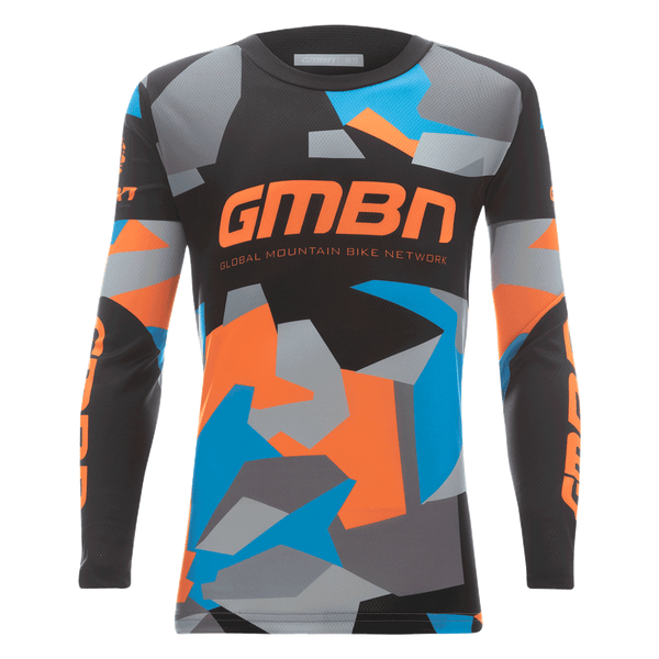 GMBN Youth Camo Team Jersey Long Sleeve Orange Blue Global Mountain Bike Network